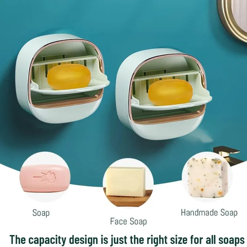 Dark Green | Self-Adhesive Wall-Mounted Luxury Soap Holder with Lid and Drainage Tray