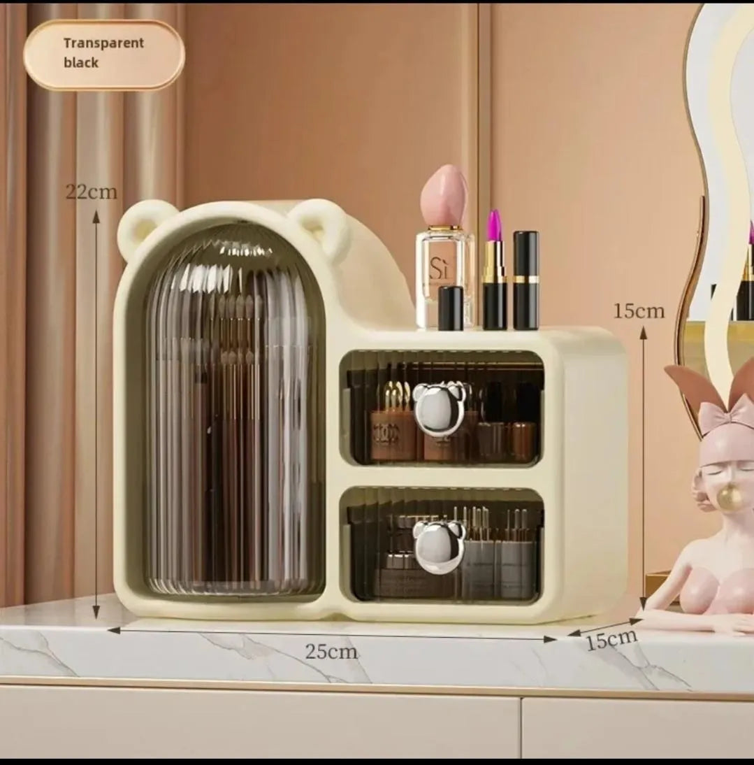 High Quality Rotating Bear Makeup Organizer Stylish Makeup Plastic Storage Box with Drawers Dust Proof Vanity Desktop Case for Cosmetics Skincare Storage Box