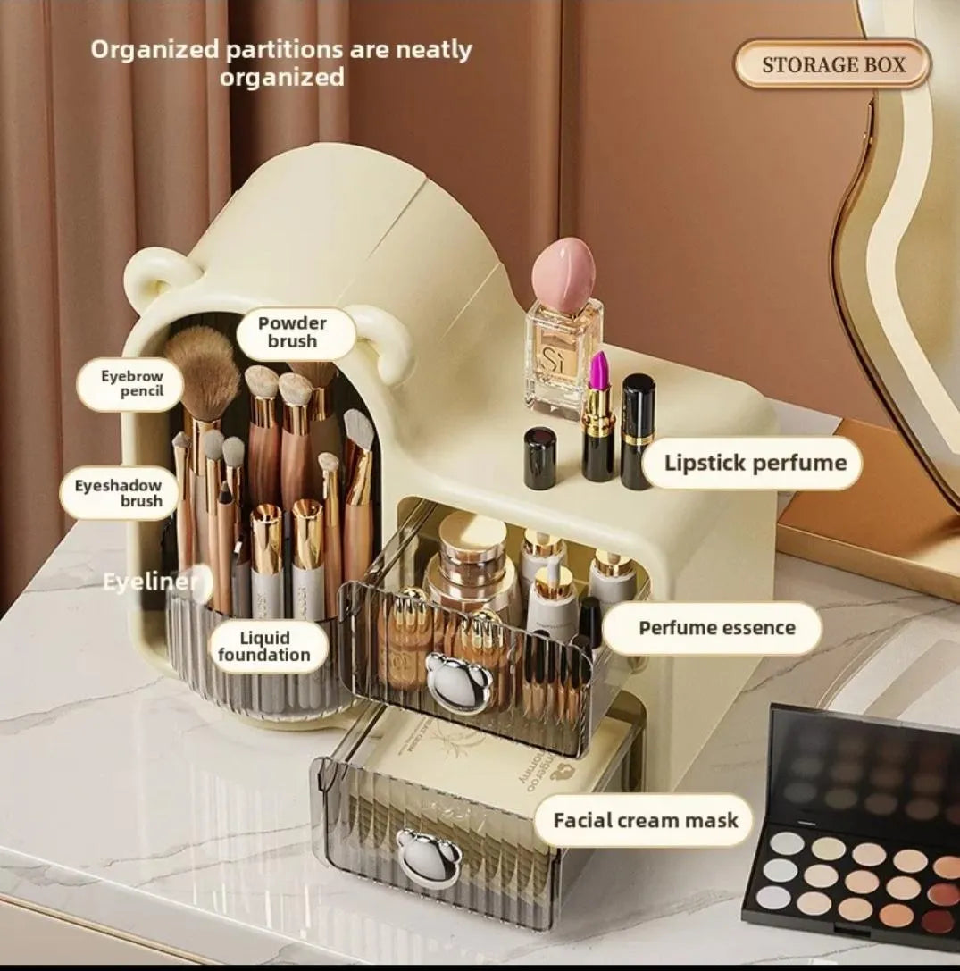 High Quality Rotating Bear Makeup Organizer Stylish Makeup Plastic Storage Box with Drawers Dust Proof Vanity Desktop Case for Cosmetics Skincare Storage Box