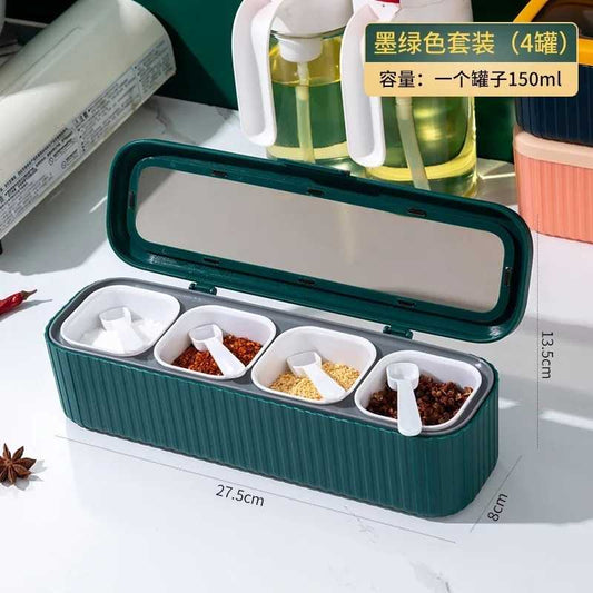 Kitchen Multi-Function Four Grid Integrated Seasoning Box Set with Lid Combination Seasoning Jar with Spoon Plastic Material