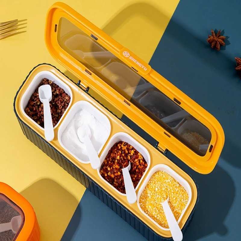 Kitchen Multi-Function Four Grid Integrated Seasoning Box Set with Lid Combination Seasoning Jar with Spoon Plastic Material