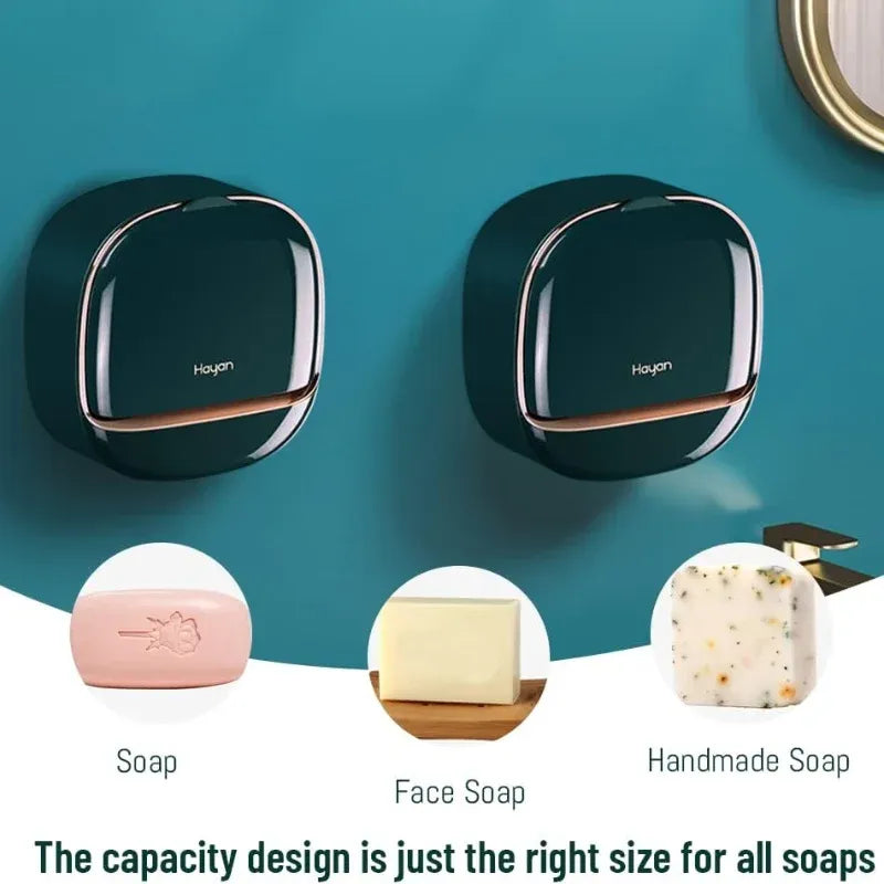 Dark Green | Self-Adhesive Wall-Mounted Luxury Soap Holder with Lid and Drainage Tray