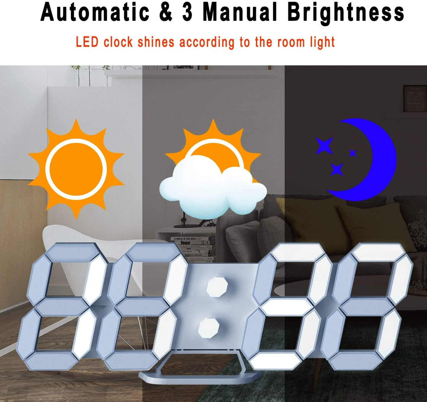 White 3D Led Digital Clock Snooze Bedroom Desk Alarm Clocks 24/12 Hour Display Home Decoration Hanging Wall Clock Calendar Thermometer Voice Control Backlight Time Temperature Display For Bedroom Office Living Room Home Decor Gift Nightstand Bedside