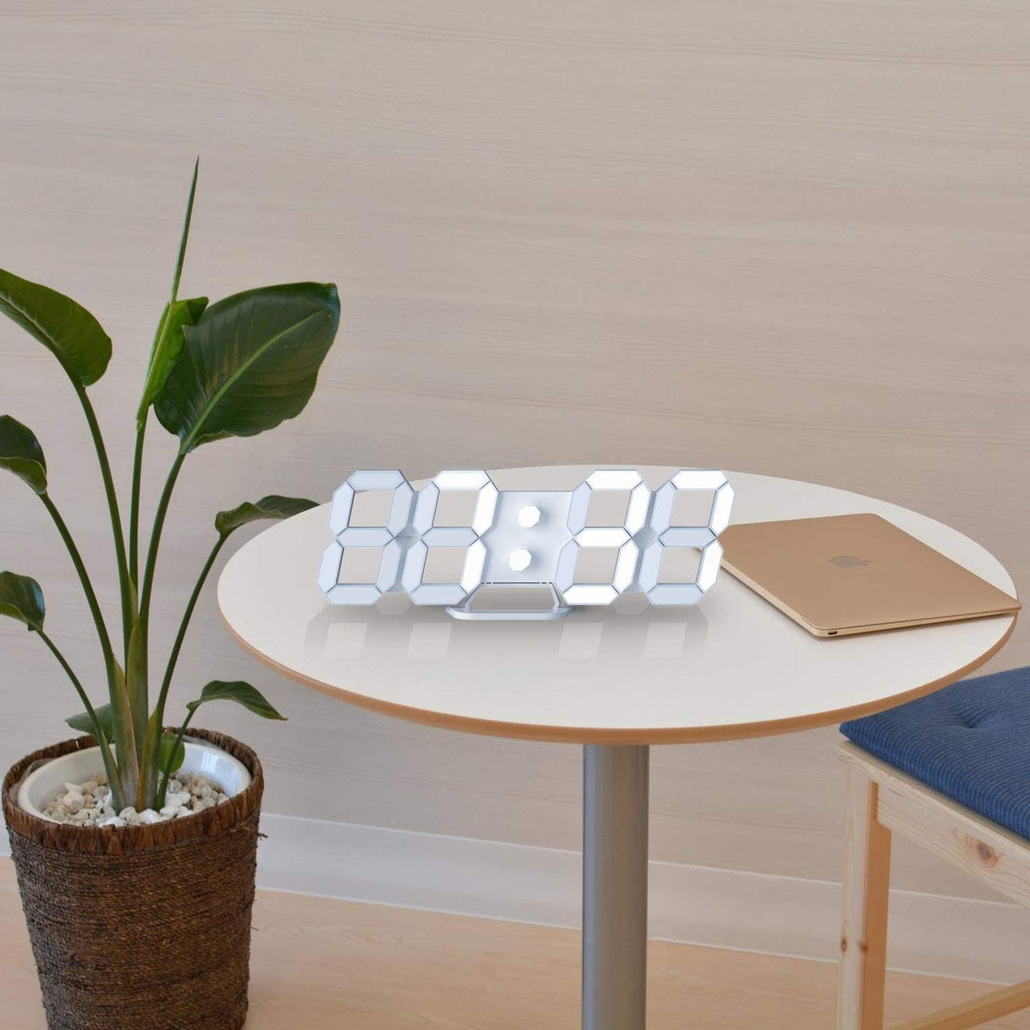 White 3D Led Digital Clock Snooze Bedroom Desk Alarm Clocks 24/12 Hour Display Home Decoration Hanging Wall Clock Calendar Thermometer Voice Control Backlight Time Temperature Display For Bedroom Office Living Room Home Decor Gift Nightstand Bedside