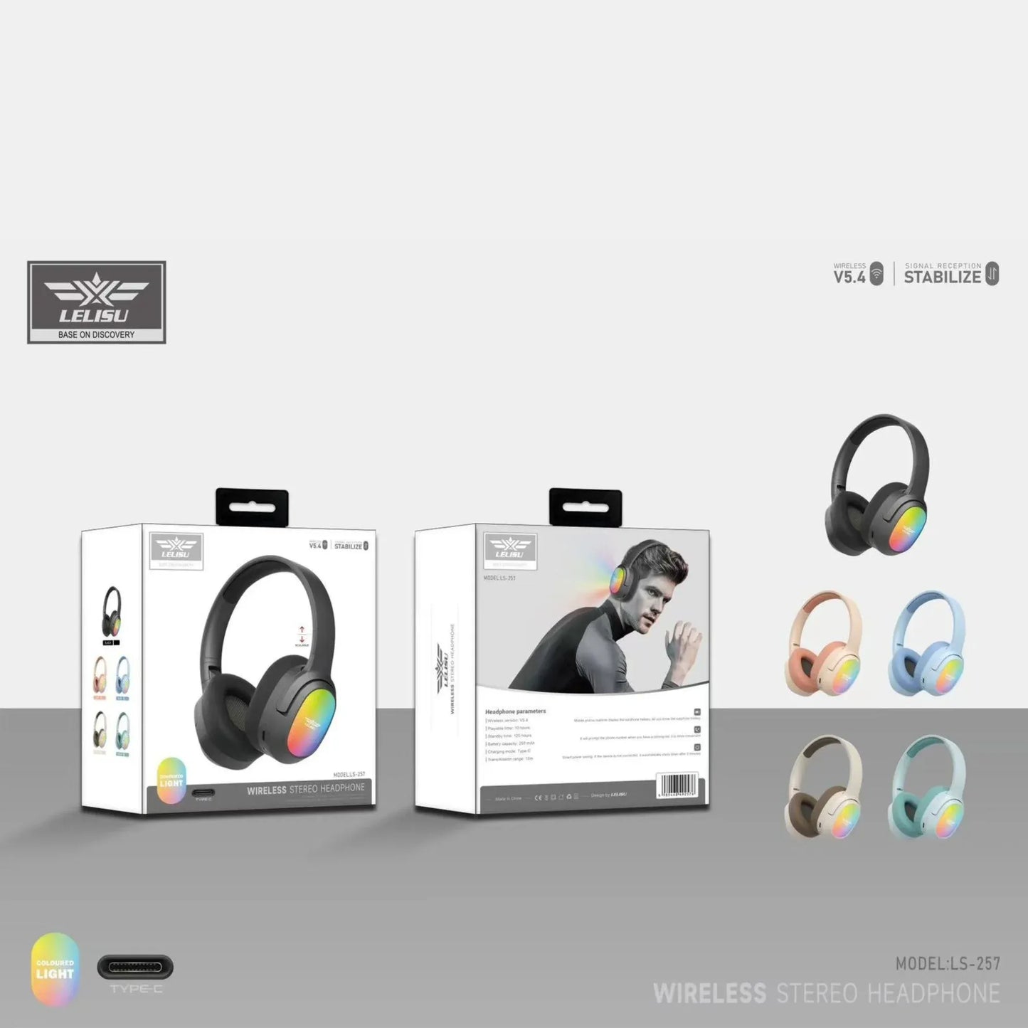 Lelisu LS-257 Wireless Stereo Headphones | Bluetooth 5.4 Over-Ear Headset with Type-C Charging & LED Lights
