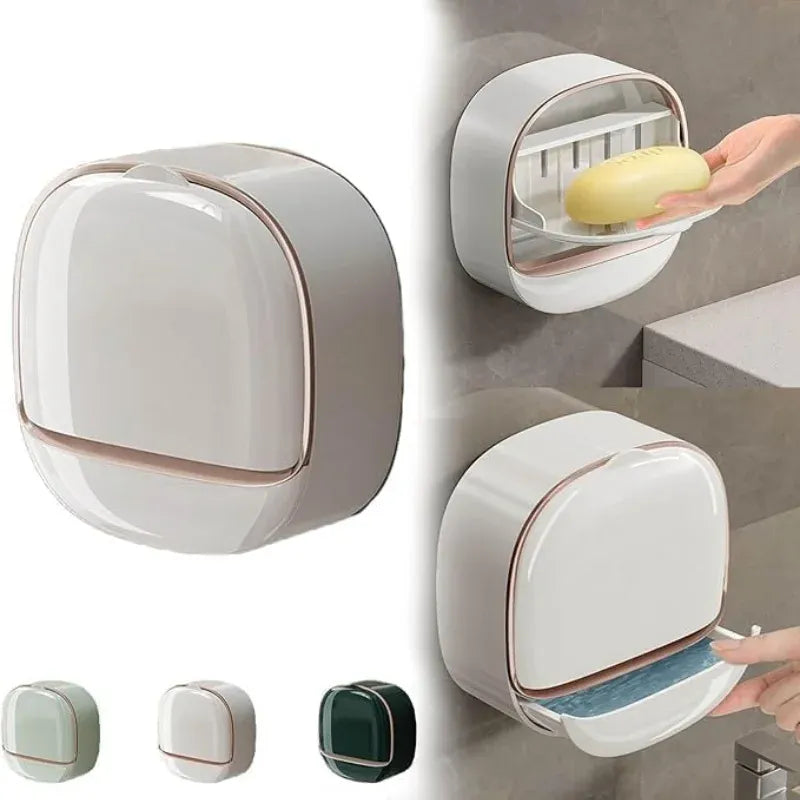 Dark Green | Self-Adhesive Wall-Mounted Luxury Soap Holder with Lid and Drainage Tray