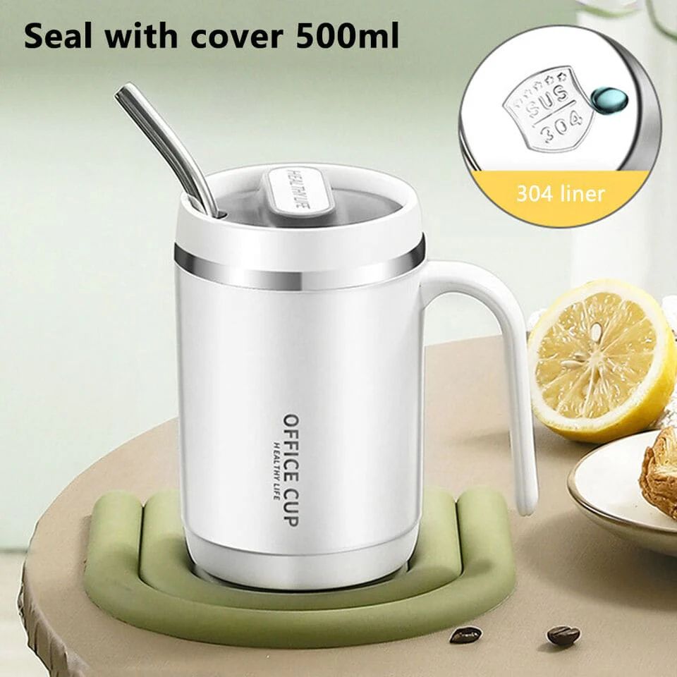 Steel Insulated Mug with Lids Travel Carry Mug With Handle Coffee Milk Juice Mug with Straws and Lids Kitchen Drinkware